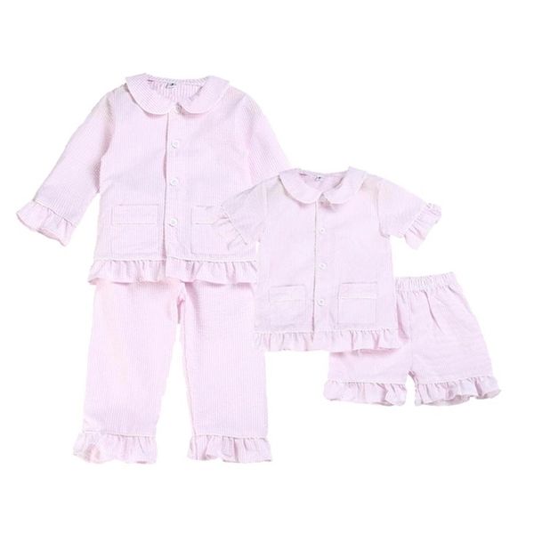 

100 cotton seersucker two pieces spring summer pink ruffle button kids pyjamas boys and girls easter pajamas sets 220715, Blue;red