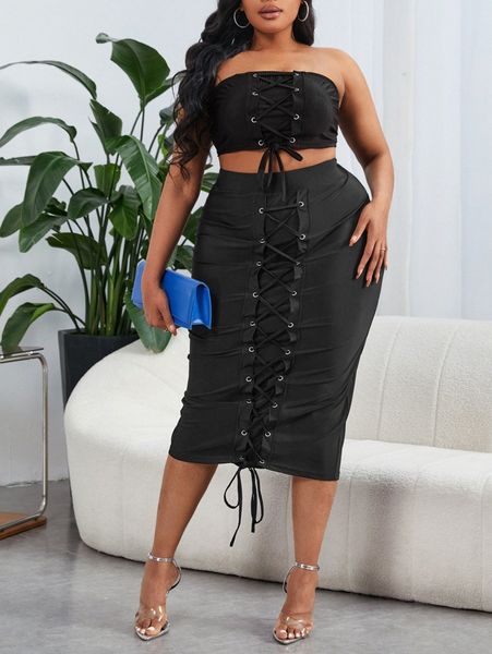 

sxy plus solid grommet lace-up tube & pencil skirt q9fs#, Black