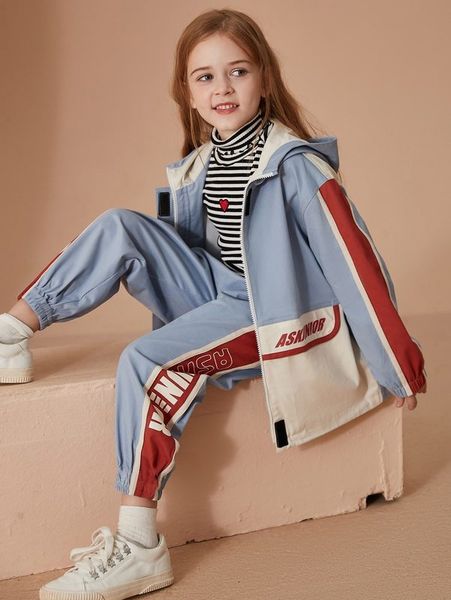 

girls letter graphic colorblock hooded jacket & sweatpants she, White