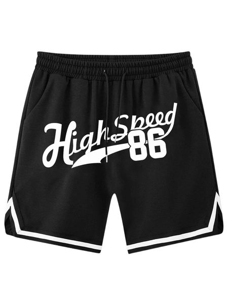 

men letter graphic contrast striped trim drawstring waist shorts q62s#, White;black