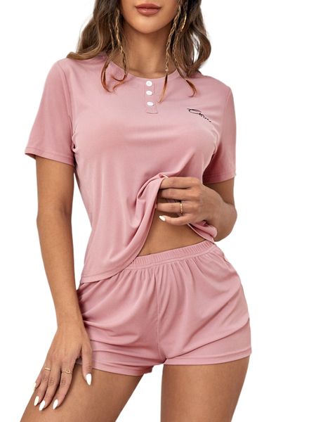 

letter graphic button half placket and shorts lounge set 07dt#, Black;red