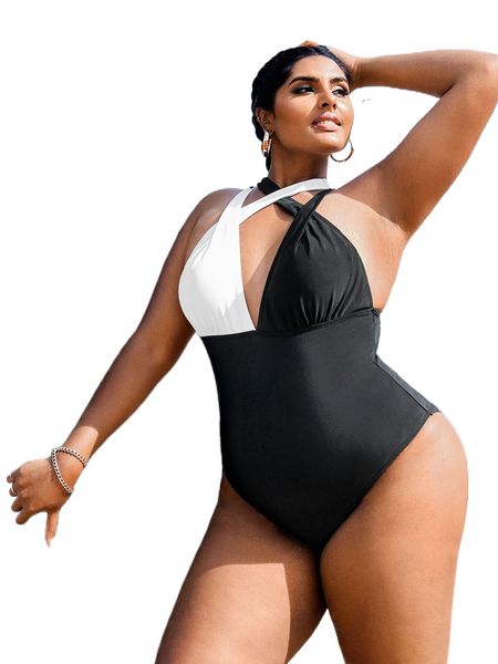 

plus two tone halter one piece swimsuit t5pl#, White;black