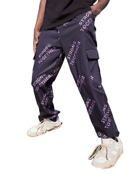 

romwe guys letter graphic cargo pants d8dh#, Black