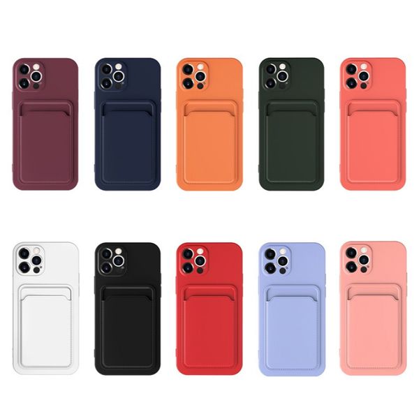 Microfiber Soft TPU Liquid Silicone Cartter Casos Proteção da lente da câmera com bolso do suporte para cartão de crédito para iPhone 13 12 11 Pro máximo 8 7 6 6s mais SE2