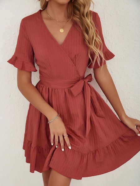 

surplice neck knot side bell sleeve dress z0cs#, Black;gray