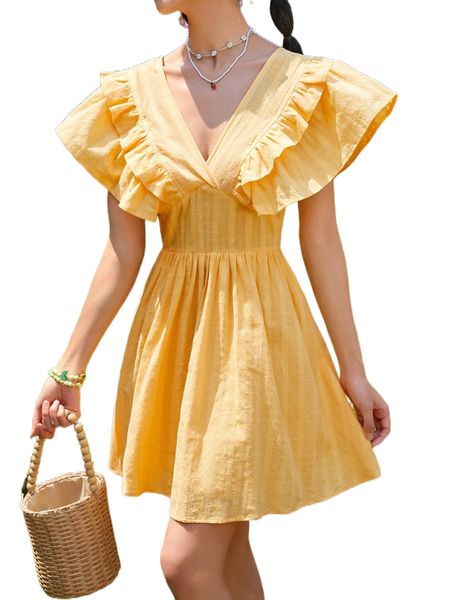 

ruffle trim butterfly sleeve dress y6oa#, Black;gray