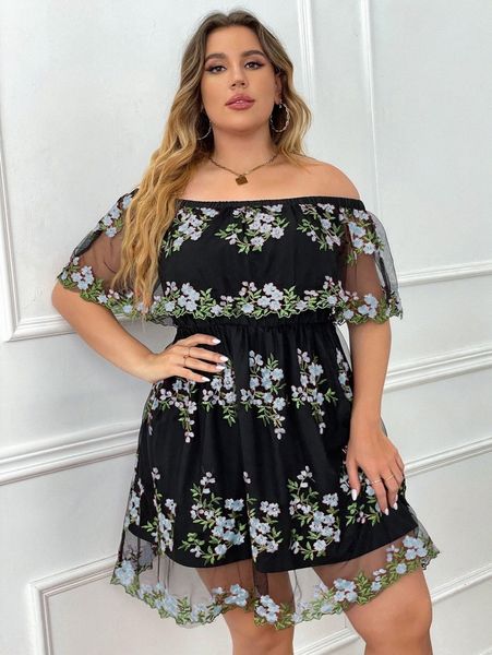 

plus off shoulder floral embroidery mesh dress m30c#, Black