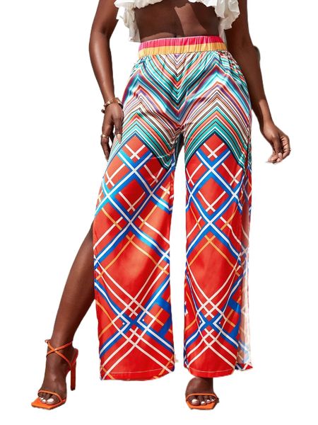 

sxy geo print slit thigh wide leg pants y7in#, Black;white