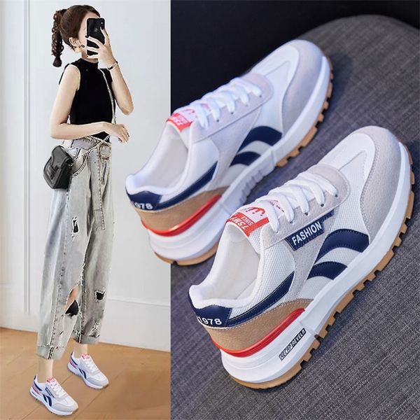 

women casual sport shoes girl street leather mesh patchwork stripe comfortable sneakers all seasons trainers 3 colors 220809, Black;white