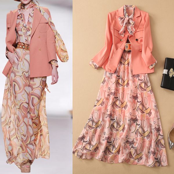 

dresses european station spring and summer womens clothing suit jacket lapel ribbon printed waist-controlled large swing dress suit, Black