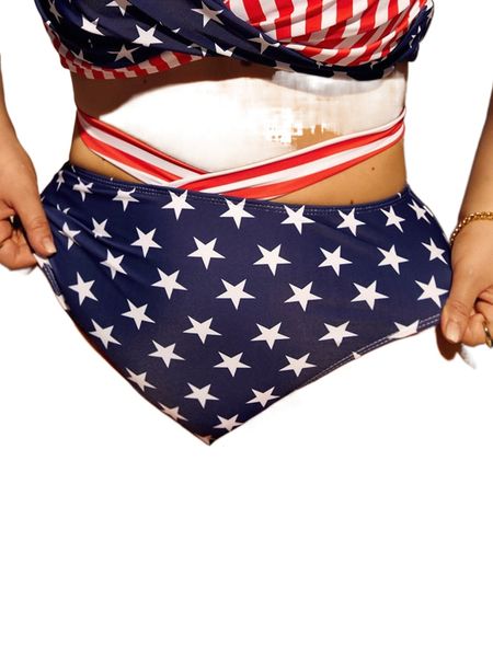

plus american flag print cut out high waist bikini panty e2xq#, Black