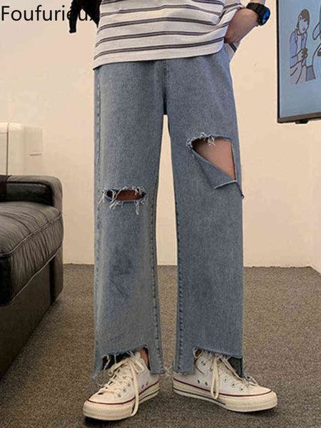 

foufurieux ripped hole jeans men summer high waist denim wide leg trousers mopping baggy harajuku simple basic streetwear t220726, Blue
