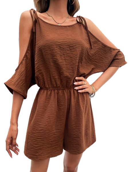 

tie cold shoulder romper 04qc#, Black;white