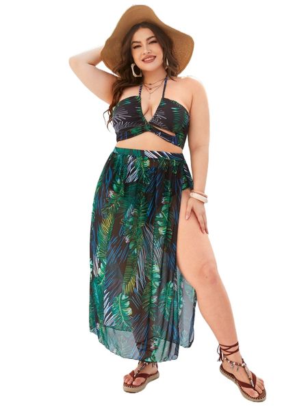 

plus tropical print lace up halter bikini swimsuit 68ei#, White;black