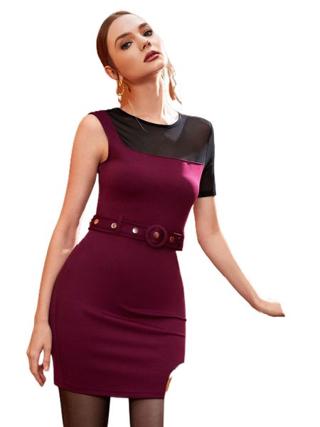 

x imperfect contrast mesh studded belted bodycon dress 59sh#, Black;gray