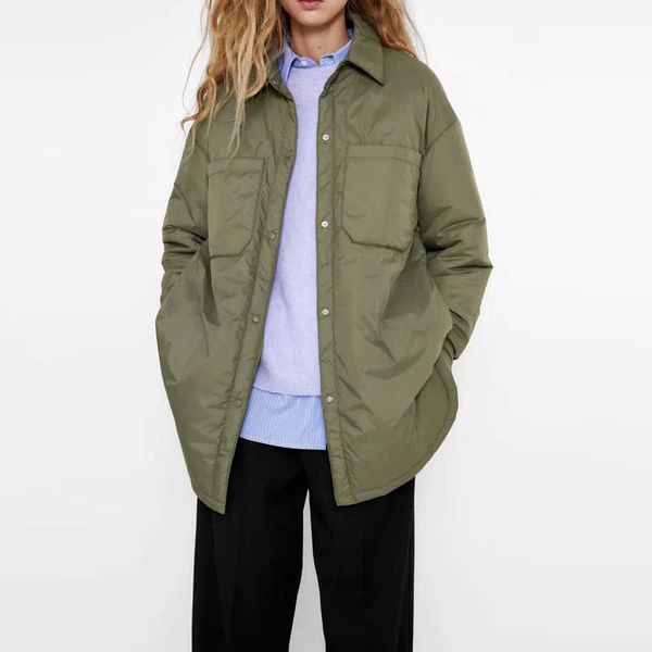 

winter fashion arrival turn down collar long sleeve shirt coats black green women parkas with pockets mujer solid jackets 211118