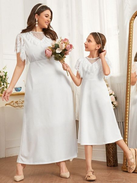 

plus contrast eyelash lace flutter sleeve ruffle trim dress t4ot#, Black