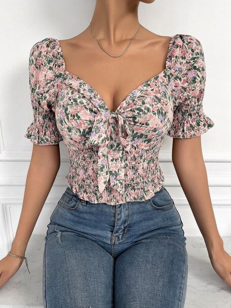 

ditsy floral tie front shirred g3xi#, White