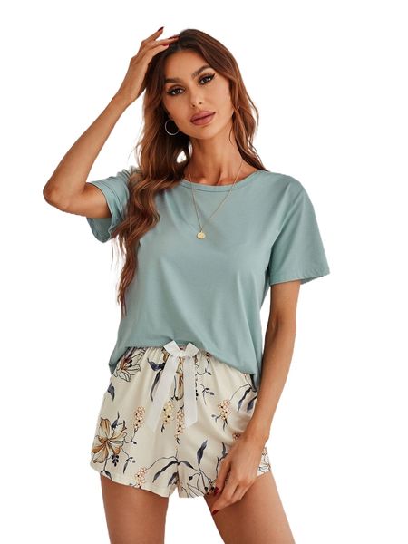 

bow front floral print pj set b46k#, Black;red