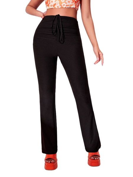 

high waist drawstring front flare leg pants q1vj#, Black;white