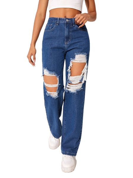 

washed cutout straight leg jeans b543#, Blue