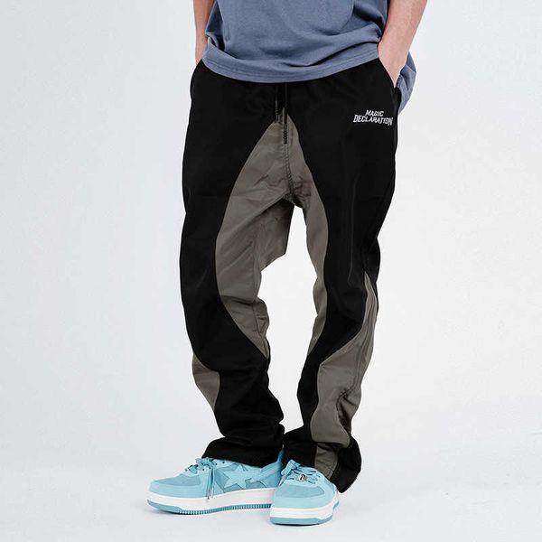 

letter embroidery pants patchwork casual men women drawstring trousers, Black