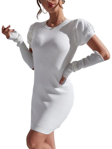 

puff sleeve ribbed knit sweater dress with arm sleeves e4rc#, White;black