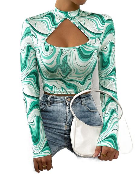 

marble print cut out front tee b2b8#, White