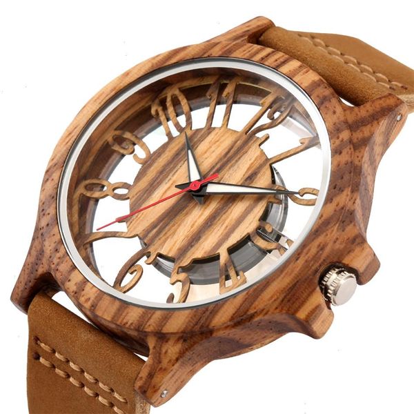 Прозрачные полые арабские цифры отображают мужские деревянные часы шикарные модные мужские кварцевые часы подлинные кожаные часы
