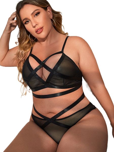 

plus crisscross mesh lingerie set c0th#, Black;white