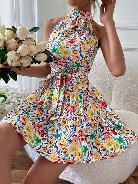 

allover floral belted halter dress p4iu#, Black;gray