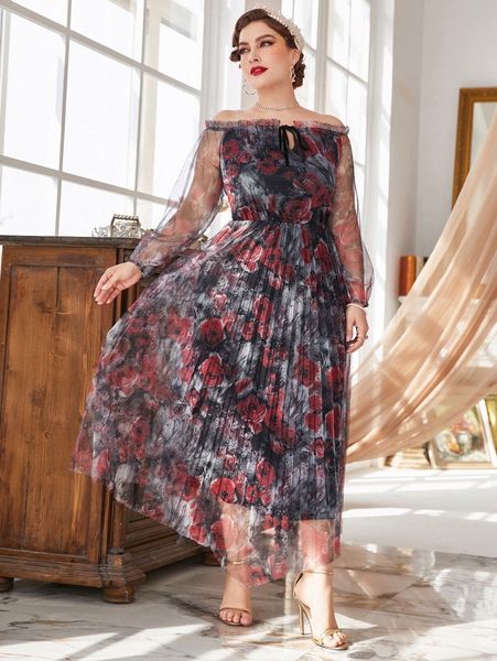 

plus floral print off shoulder pleated hem knot front mesh dress t5ie#, Black