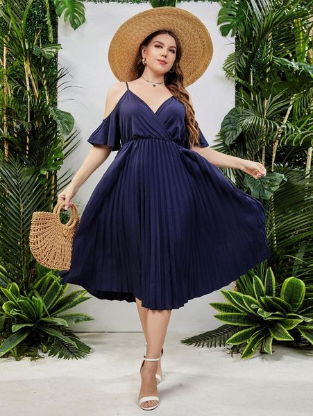 

plus cold shoulder pleated hem dress q3k5#, Black