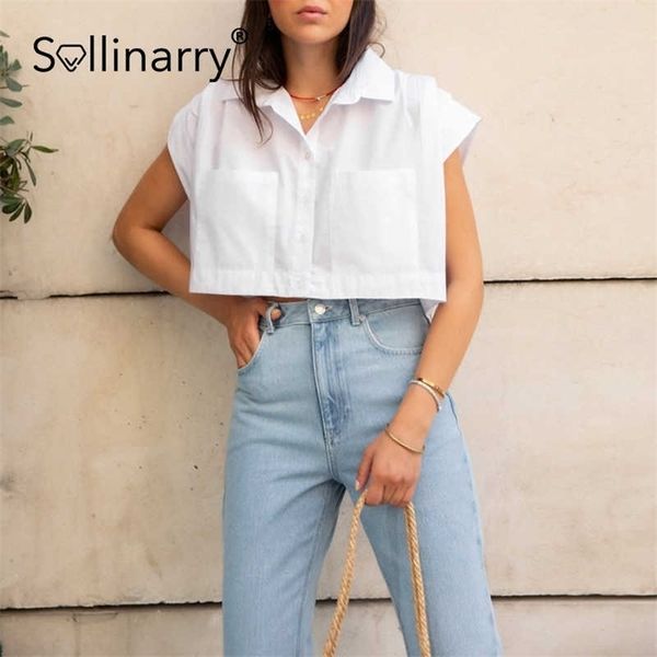 

sollinarry short sleeves lapel female blouses fashion high street casual white pocket women shirts summer button crop lady 210709