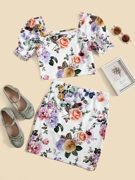 

teen girls floral print puff sleeve & skirt set she, White