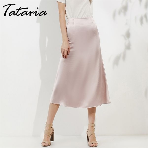 

tataria high waisted for silk satin aline elegant skirts women midi skirt new korean style t200324, Black