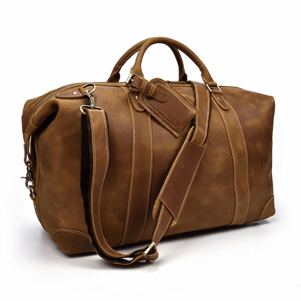 

Mens Retro travel bag crazy horse leather large capacity luggage TOTE 20 inch leatherS handbag fitness One Shoulder Messenger BagS, Chocolate