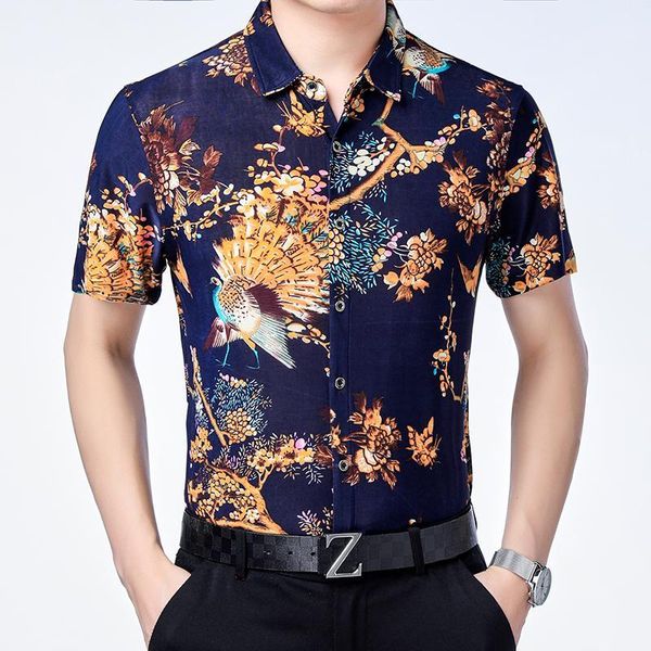 

2022 men's casual shirts summer mens fashion printed soft shirt short sleeve clothes elegant floral dress, White;black