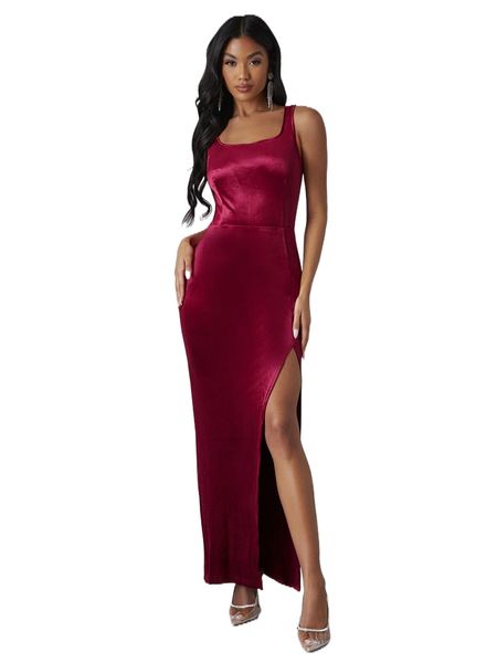 

split thigh zip back velvet dress l3ex#, Black;gray