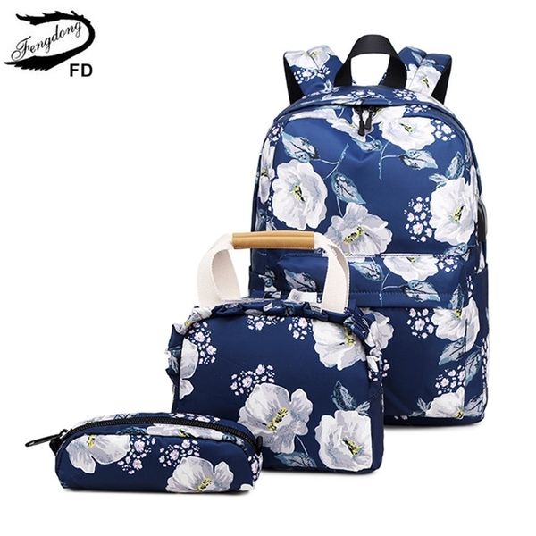 Fengdong 3 teile/satz floral schulrucksack für mädchen nette blume handtasche set student bleistiftbeutel kinder schultaschen kinder rucksack LJ201225