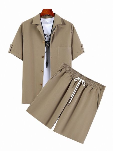 

men solid pocket patched shirt & shorts without tee u8lk#, Gray