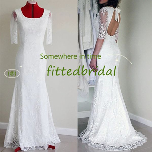 

mermaid short sleeves wedding dress sweep train lace real images beach party bridal gowns vestido de noiva curto, White