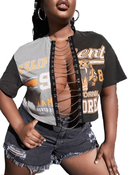 

sxy plus letter graphic two tone chain detail drop shoulder tee 838n#, Black