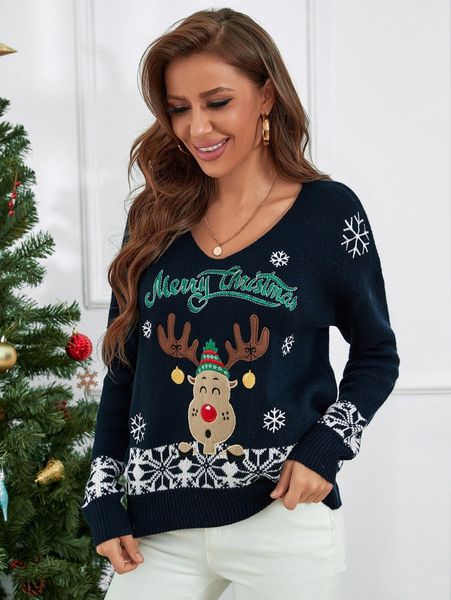 

christmas letter & elk pattern drop shoulder sweater r8fd#, White;black