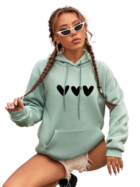 

heart print kangaroo pocket drop shoulder drawstring thermal hoodie 56id#, Black