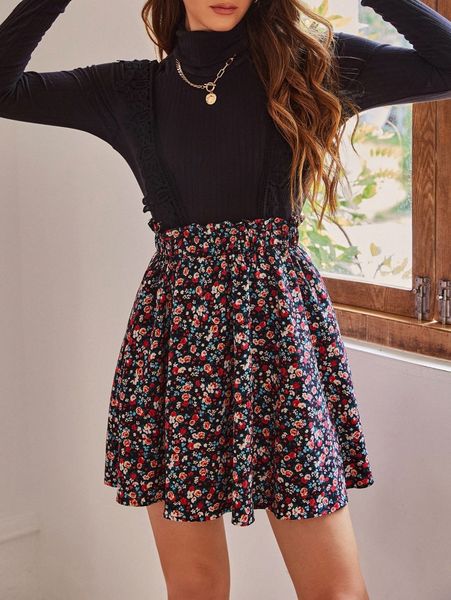 

ditsy floral contrast guipure lace overall dress without l5fp#, Black;gray