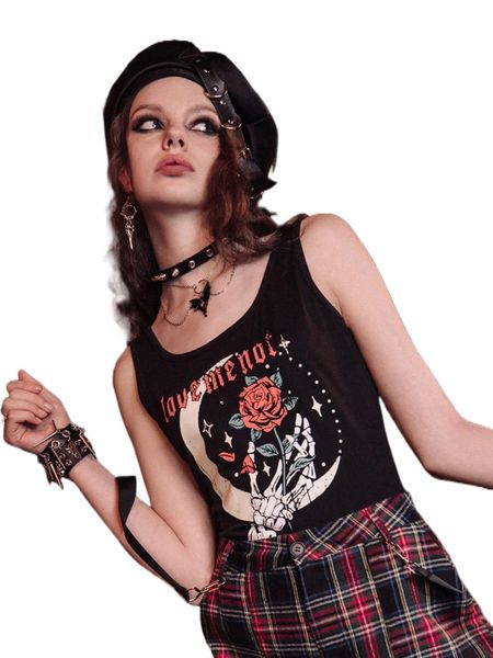 

romwe dark academia letter skeleton & floral graphic bodysuit c0yv#, White