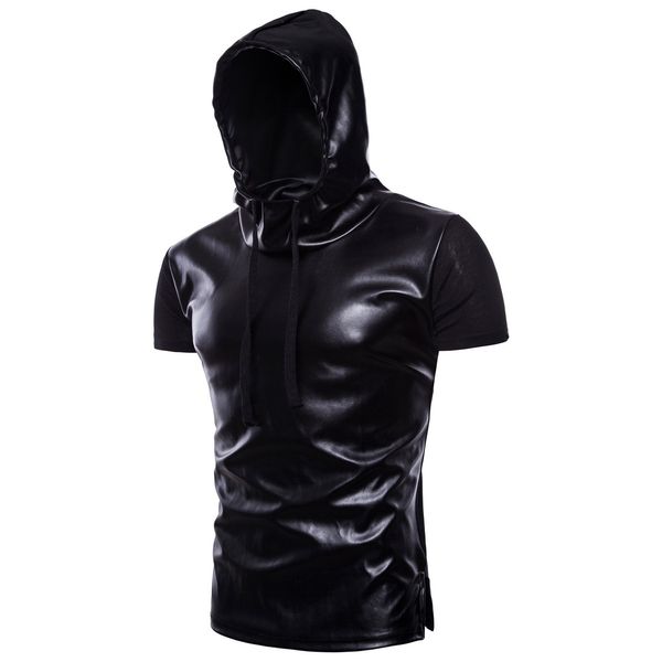 

men's t-shirts trend wearing hat short sleeve leather hooded personality summer clothes fashionable and comfortable new, White;black