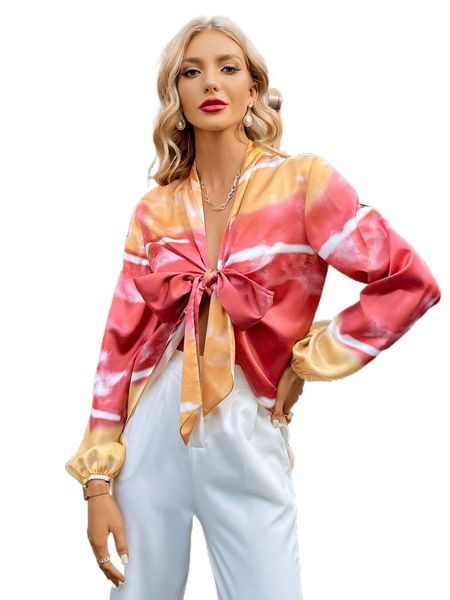 

tie dye knot front bishop sleeve blouse 92yt#, White