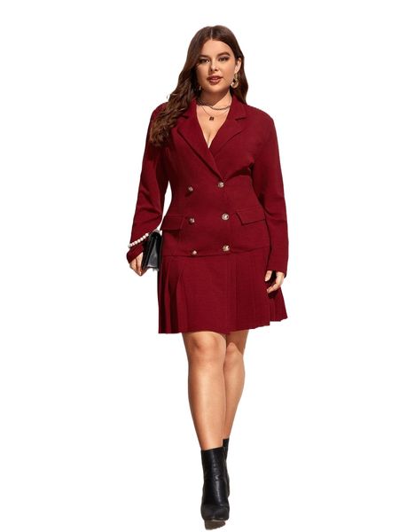 

plus double breasted pleated hem blazer dress q31l#, Black